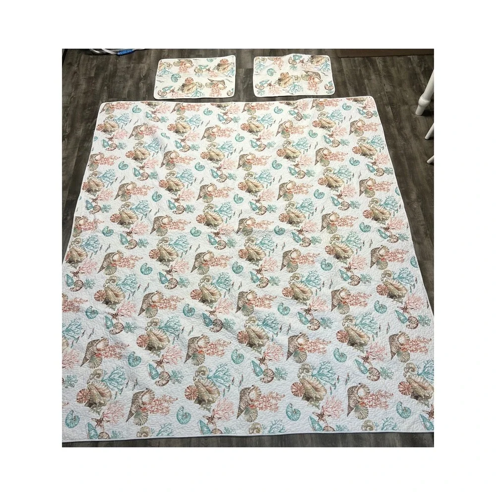 Nicole Miller Quilt Set King Coastal Seashell Coral Starfish White Teal Orange